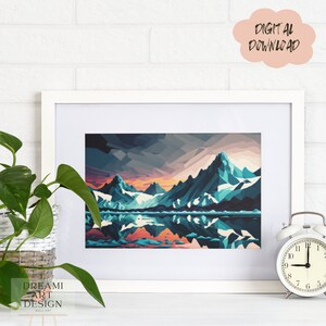 Abstract Snowy Mountain Landscape Art Piece, Lake Reflection, Modern Simplistic Minimalist Art, Wall Art, Gift Art, *Digital Download*