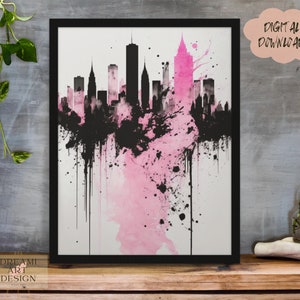 Black and Pink Watercolor Painting, Smokey Drippy Skyline Painting, Minimalist Simple Style Art, Digital Art, Wall Art, *Digital Download*