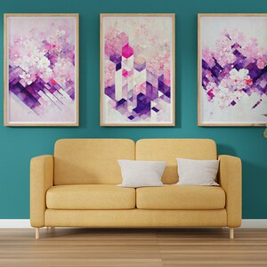 Foliar Purple Geometric Abstract Art Minimalist,  3 Piece Wall Art, Digital Art, AI Art, Instant Download *Digital Download*
