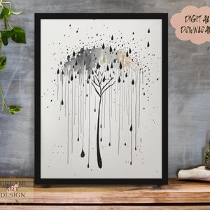 Abstract Black Rain and Tree Art, Multi Color Watercolor Painting, Hand Drawn Style Art, Digital Art, Wall Art, *Digital Download*
