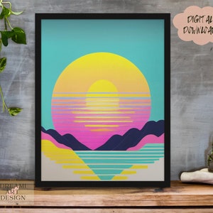 Abstract Painted Retro Sunrise Over Mountains Art Piece, Simplistic Modern Minimalist, Digital Art, Wall Art, Gift Art, *Digital Download*
