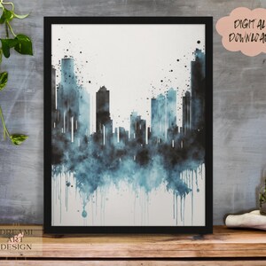 Dripping Watercolor City Skyline Blue and Black, Minimalist Simple Painting Hand Drawn Style Art, Digital Art, Wall Art, *Digital Download*