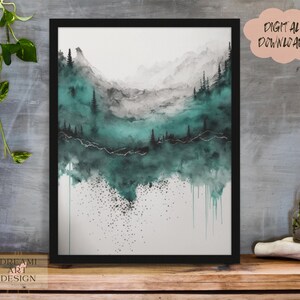 Forest Mountains Splatter Watercolor Turquois Gray Black Nordic Art, Digital Art, Wall Art, AI Watercolor Painting Art, *Digital Download*