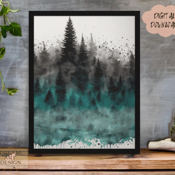 Landscape Abstract Watercolor Turquois Gray Black Nordic Art, Digital Art, Wall Art, AI Watercolor Painting Art, *Digital Download*