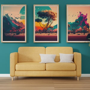 Fantasy Dreamy Desert Oasis Blue Sunrise, 3 Piece Wall Art, Digital Art, Pixel Art, AI Abstract Art, Instant Download, *Digital Download*