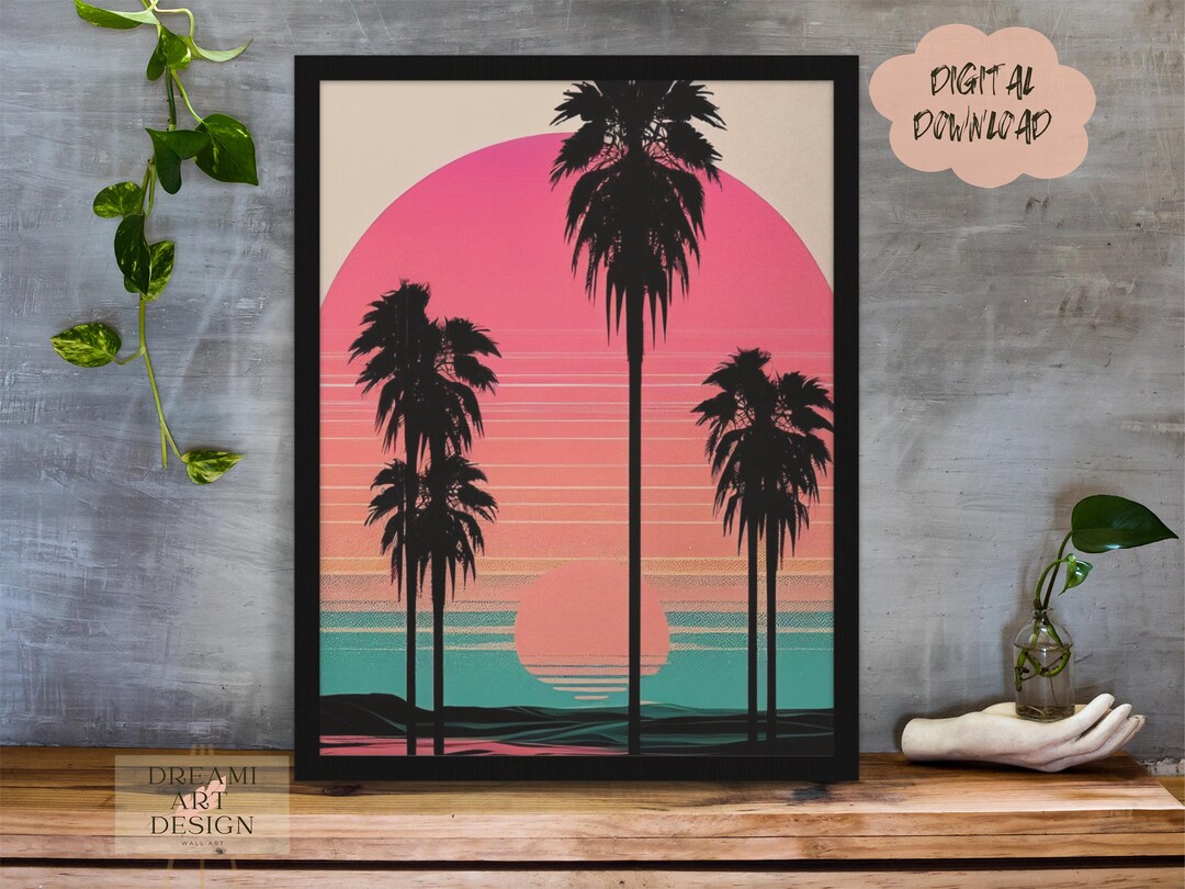 Miami Beach Sunset Palm Trees Retro Style Art, Abstract Simplistic ...