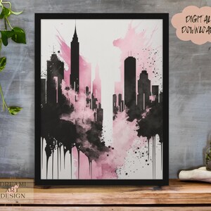 Pink and Black Smokey Splatter Watercolor Skyline Painting, Minimalist Simple Painting Style Art, Digital Art, Wall Art, *Digital Download*