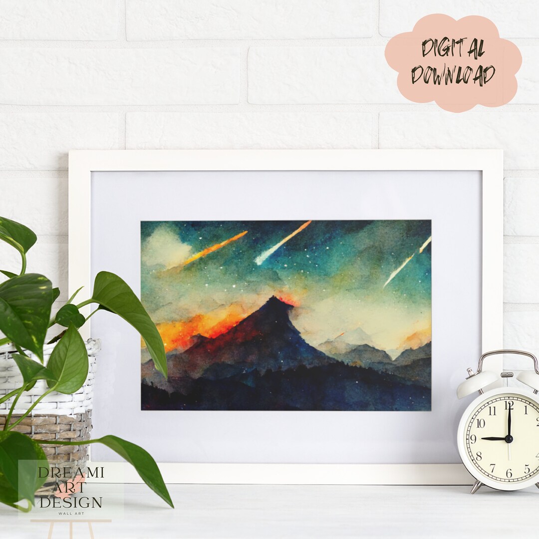 Meteor Shower Mountain Starry Sky Watercolor Drawing Art Piece, Modern ...