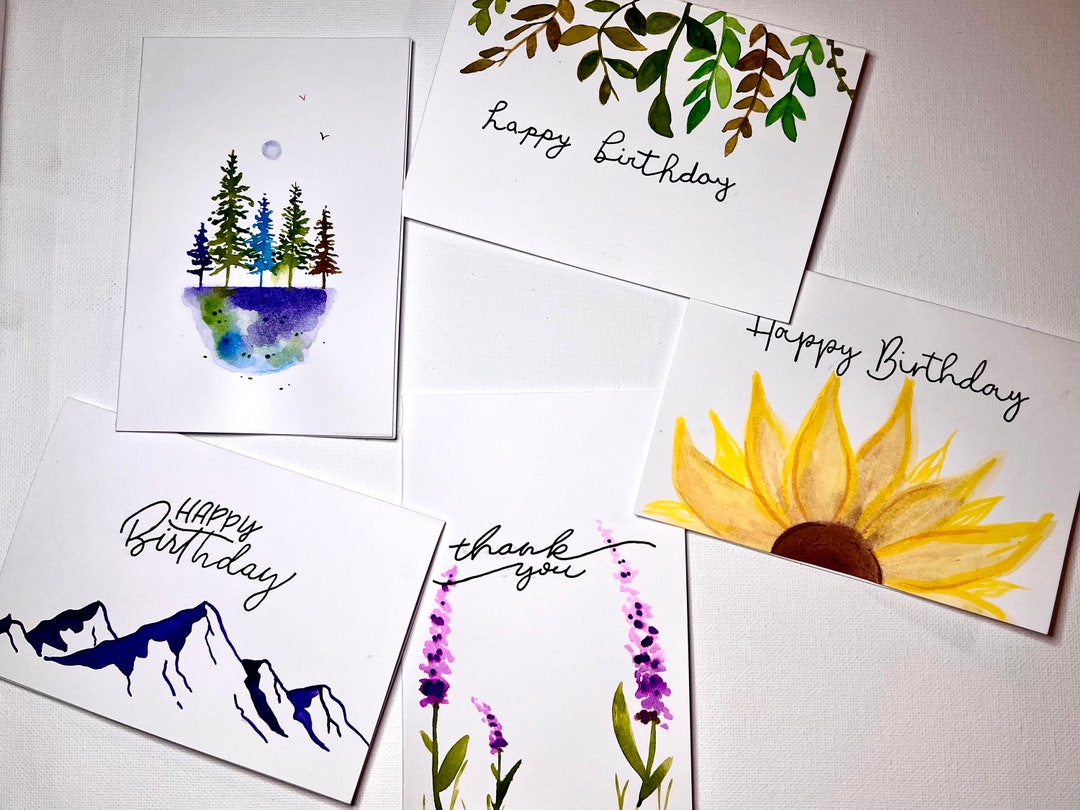 Hand Painted Watercolor Greeting Cards With Envelopes - Nature Set - 5 ...