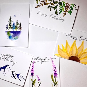 Cartões de felicitações em aquarela pintados à mão com envelopes - conjunto natureza - conjunto de 5 cartões - em branco por dentro