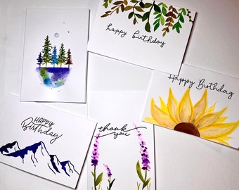 Hand Painted Watercolor Greeting Cards With Envelopes - nature set - 5 card set - blank inside