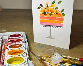 Hand Painted Watercolor Birthday Card With Envelope - blank inside