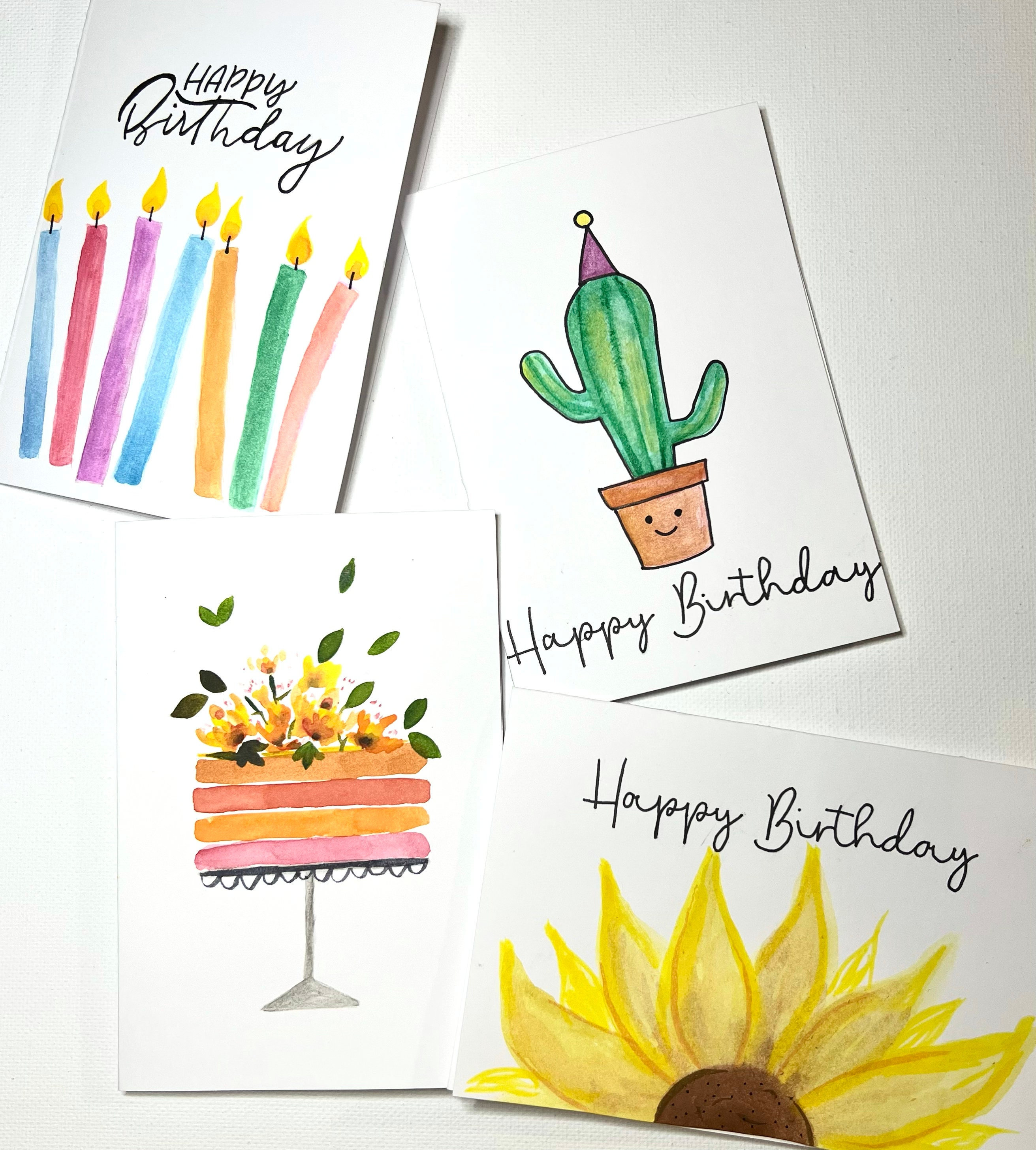 Hand Painted Watercolor Birthday Cards With Envelopes - 4 Card Set ...