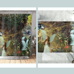 Woodland Fairy Bath Set | Enchanted Forest Shower Curtain and Bath Mat | Fantasy Forest Bathroom Set | Mystical Magical Home Bathroom Decor