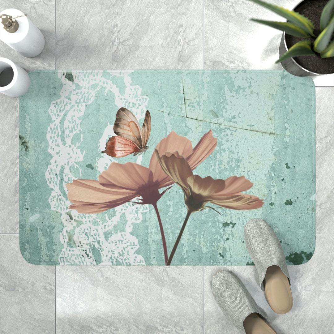 Shabby Chic Bath Mat Grunge Bath Mat Flower and Lace Bath Mat Blue Green Memory Foam Kitchen or
