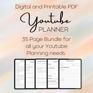 May include: A digital planner for YouTube content creators. The planner includes sections for competitor analysis, target audience, channel niche, video ideas, video log, audio description, playlist, audience, age restrictions, and content breakdown. The planner is designed to help creators plan and organize their YouTube content.