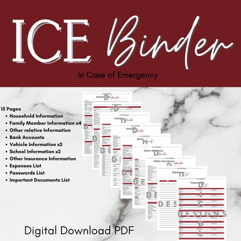 In Case of Emergency (ICE) Binder/planner/organizer- PDF -printable and ...