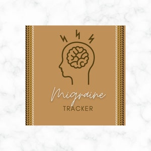 Könnte beinhalten: Ein braunes Quadrat mit goldfarbenem Rand. Das Quadrat enthält eine Strichzeichnung eines Kopfes mit einem Gehirn darin. Über dem Kopf befinden sich Blitze. Der Text "Migraine Tracker" befindet sich unter dem Kopf.