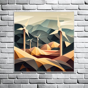 May include: Abstract geometric landscape with wind turbines in a variety of sizes and shapes. The landscape is a mix of brown, tan, and green colors. The wind turbines are white and have a modern design.