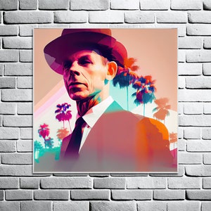 May include: A man wearing a pink and purple fedora and a suit, standing in front of a background of palm trees. The man has a serious expression on his face.