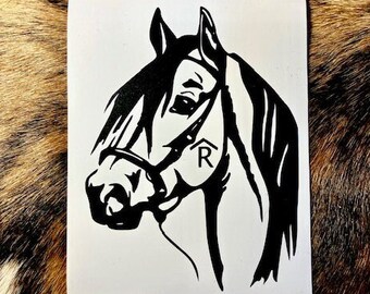 May include: Black and white silhouette of a horse's head with a bridle and the letter "R" on the side.
