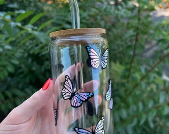 Holographic Butterfly 16oz Glass Cup with Bamboo Lid & Glass Straw