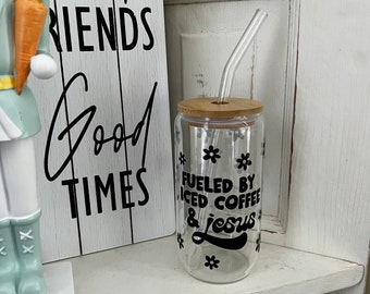 CLEARANCE Fueled By 16oz Glass Cup with Bamboo Lid & Glass Straw