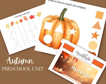 May include: An autumn-themed preschool unit with tracing and matching activities. The image features a watercolor pumpkin with shapes, leaves, and the text "Autumn Preschool Unit". The unit is designed for children ages 3-6.