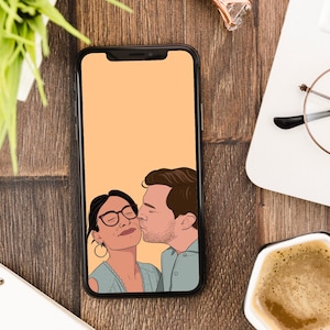 Fondo de pantalla de teléfono ilustrado para parejas personalizadas / Dibujado a mano / Descarga digital / De foto / Regalo para cumpleaños, aniversario, boda y más