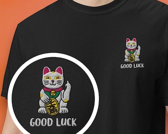 Camiseta unisex bordada con el gato de la suerte Maneki-Neko de dedo medio