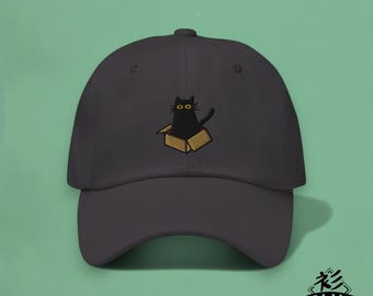 Cute Black Cat Dad Hat - Embroidered Cat in a Box Baseball Cap - Unisex Animal Lover Gift Cat Mom - Cat in Cardboard Box