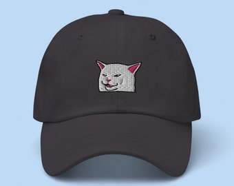 Salad Cat Embroidered Hat, Table Cat Hat, Smudge the Cat Hat, Funny Cat Hat, Woman Yelling at Cat Hat, Cat Meme Hat, White Cat Hat