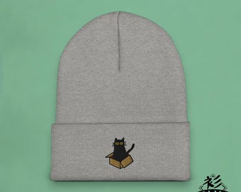 Cute Black Cat Beanie - Embroidered Cat in a Box Classic Cuffed Beanie - Unisex Animal Lover Gift Cat Mom - Cat in Cardboard Box