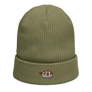 Shrimp Sushi Embroidery 100% Organic Cotton Ribbed Beanie