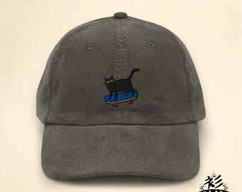 Casquette en velours côtelé vintage brodée de chats pour skateboarding