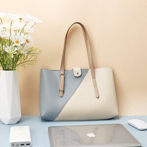 Leather Laptop Shoulder Bag Womans tote laptop bag Simple minimalist ladies laptop bag MacBook case sleeve Womans laptop handbag Blue
