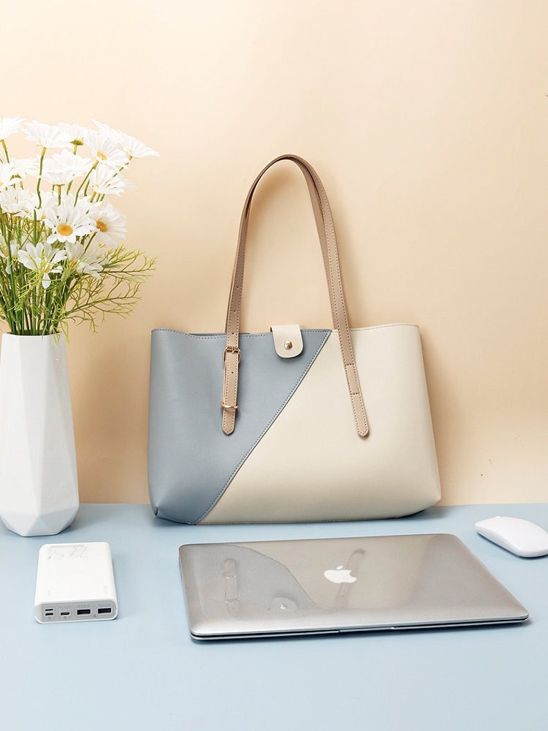 Leather Laptop Shoulder Bag Womans tote laptop bag Simple minimalist ladies laptop bag MacBook case sleeve Womans laptop handbag Blue