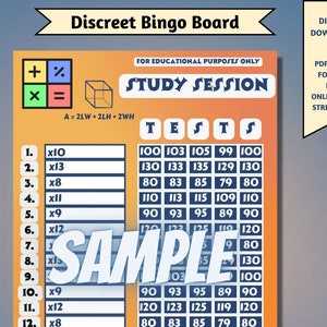 Puede incluir: Un tablero de bingo digital con un fondo degradado naranja y blanco. El tablero incluye símbolos matemáticos, una ilustración de cubo y el texto "Study Session". Presenta filas y columnas numeradas con valores numéricos. La palabra "SAMPLE" está superpuesta en el tablero.