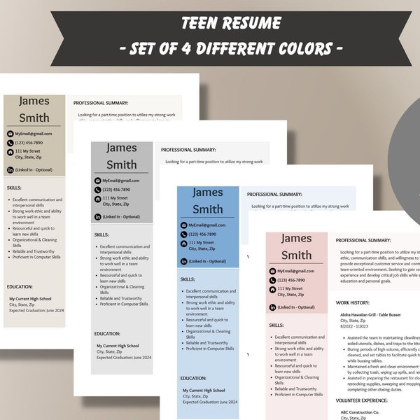 Teen Resume Simple Minimalist Resume Modern Resume Template High School Resume Student Resume No Work Experience Minimal Work Experience ATS