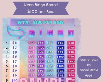 Bingo Board Neon Bingo Blingo Pick your prize PYP Winner takes all WTA Digital Download PNG Files Jpg Files Tik Tok Clapper High Limit Bingo