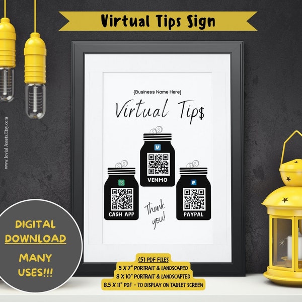 Virtual Tip Sign Increase Tips Jar Template Sheet QR Code Sign Tipping on the Go Digital Customize Printable Tip Sign Virtual Tip Display