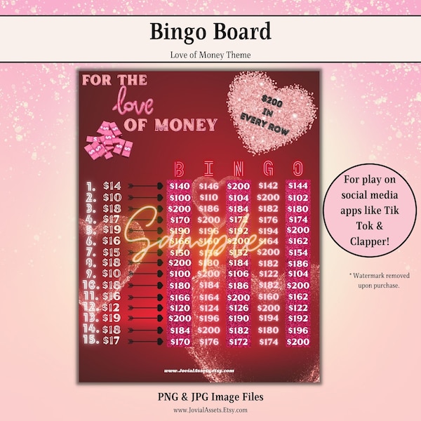 Bingo Board For the Love of Money Theme Digital Bingo Board PNG Bingo Board WTA Winner Takes all PYP Pick Your Pay Bingo Board High Limit