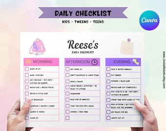 May include: A printable daily checklist for kids, tweens, and teens. The checklist is divided into three sections: morning, afternoon, and evening. Each section has a list of tasks to complete, such as wake up, get dressed, eat breakfast, get home, do homework, and get ready for bed. The checklist is designed to help children stay organized and on track throughout the day. The checklist is personalized with the name "Reese's".