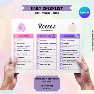 Daily Checklist Kids Tweens Teen Routine for Girls Daily Reminder ADHD Checklist Neurodivergent Autistic Canva Template Digital Download