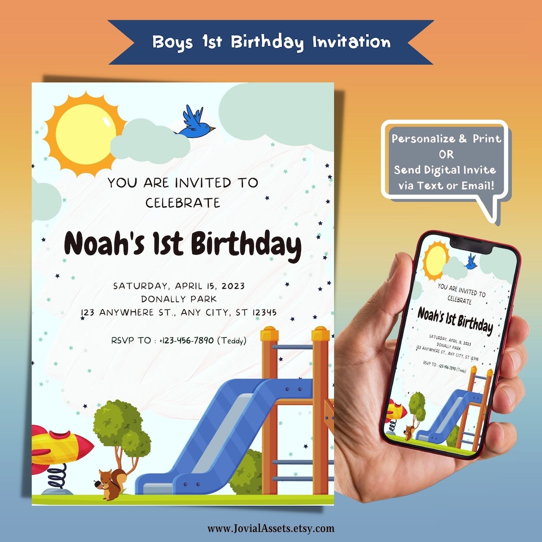 Boys Birthday Invitation First Birthday Template Printable Invitation