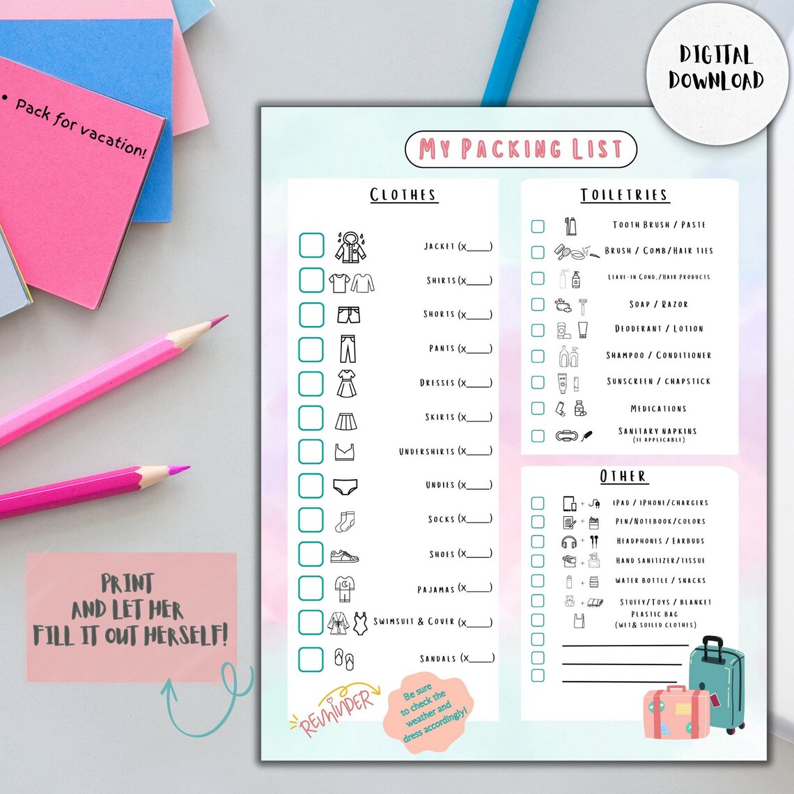 Printable Vacation Packing List for Girls and Teens Instant Download ...