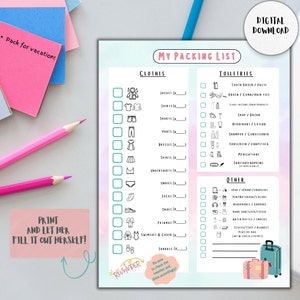 Printable Vacation Packing List for Girls and Teens Instant Download Vacation Packing List with Checkboxes ADHD Packing List Neurodivergent