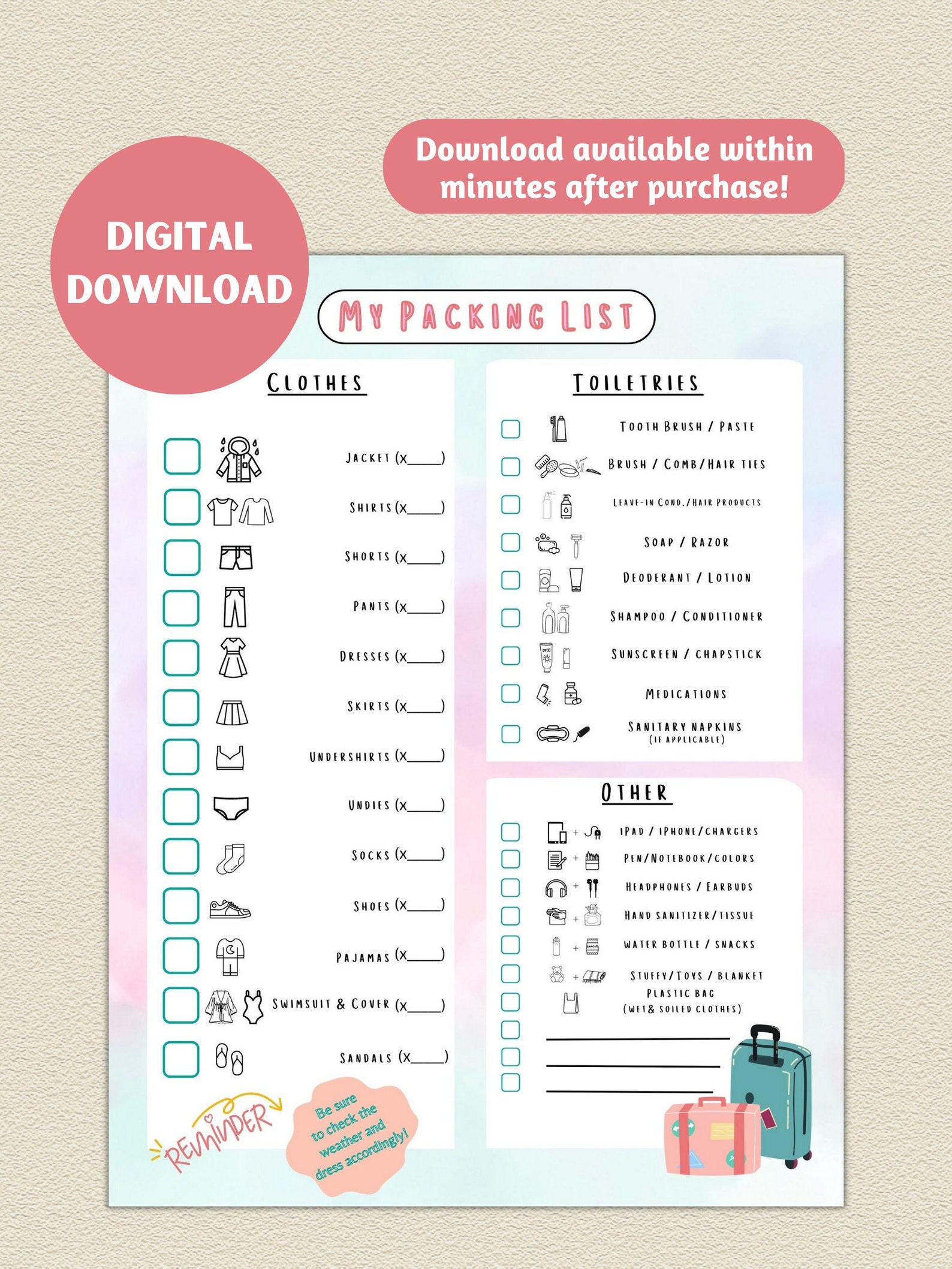 Printable Vacation Packing List for Girls and Teens Instant Download ...