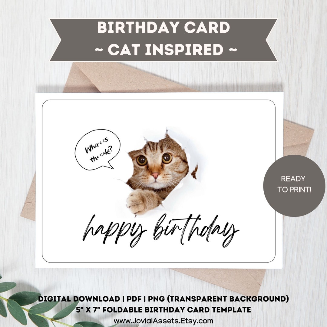 Cute Cat Birthday Card: Printable 5x7 Template (PDF, PNG) - Etsy