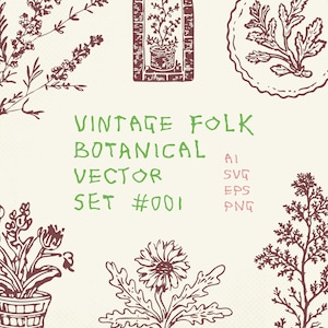 Puede incluir: Un conjunto vectorial botánico vintage con varias ilustraciones florales en marrón y verde. El texto dice "VINTAGE FOLK BOTANICAL VECTOR SET #001" en verde, con opciones de tipo de archivo en rosa.